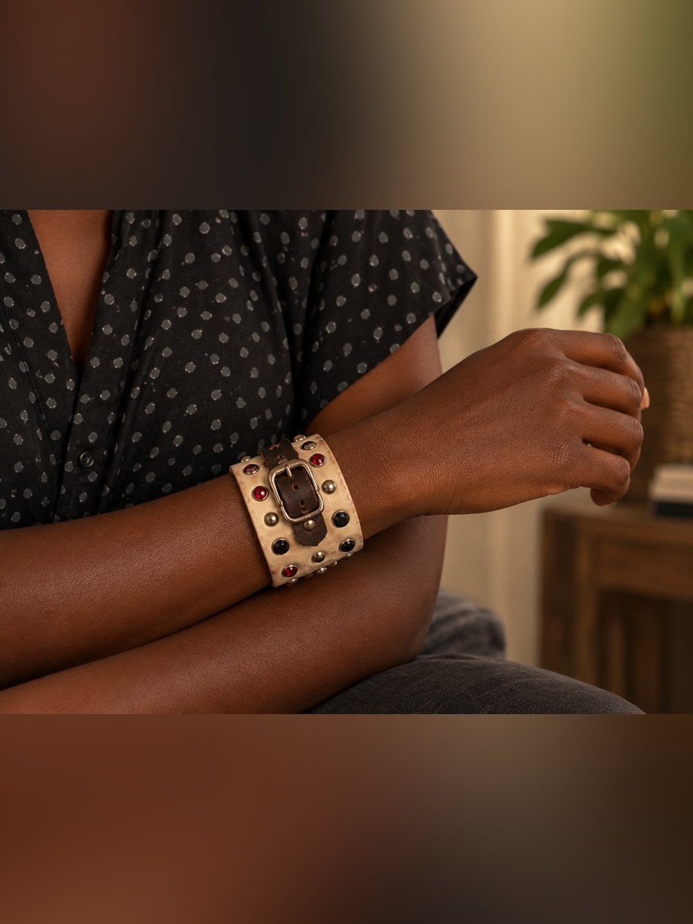 Leather Like Belt Buckle Cuff Bracelet Western Boho Studded Statement Jewelry